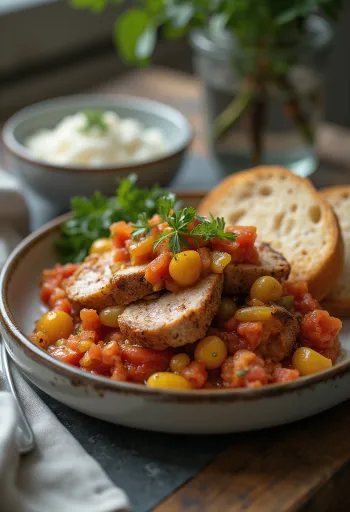 Costeleta com lecsó suculenta de carne de porco, feita com pimento fresco e tomate.
