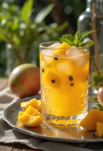 Sidra de manga e maracujá servida fresca