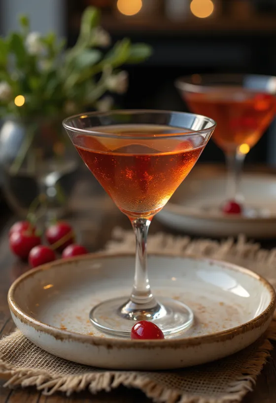Cocktail Manhattan decorado com cereja de cocktail e casca de laranja