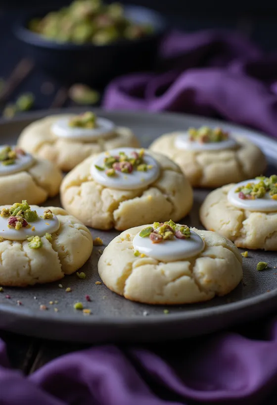 Nankhatai com pistáchios – biscoitos quebradiços de cor dourada polvilhados com pistáchios picados, servidos
