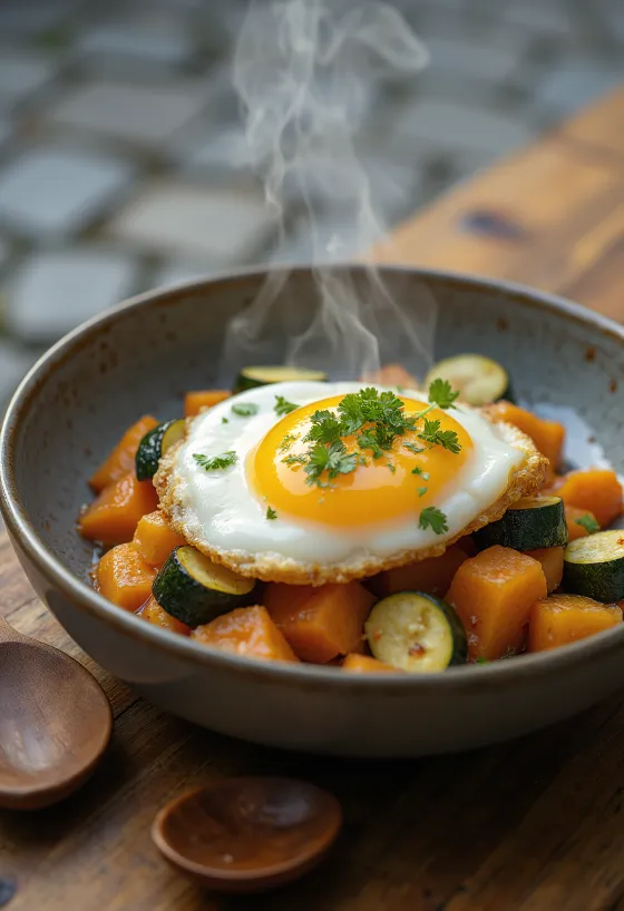 Onsen Tamago com legumes assados, servido com ovo mole e coentros frescos