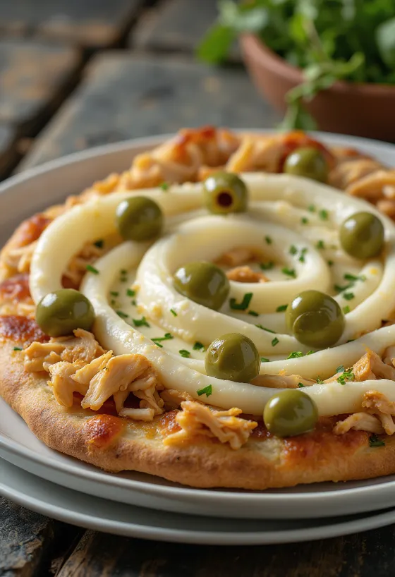 Pizza com frango desfiado e rede de queijo creme catupiry