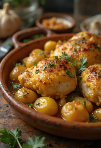 Pollo al Ajillo, frango com alho espanhol servido com molho de vinho branco