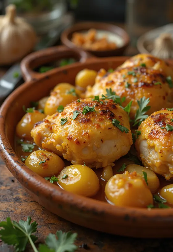 Pollo al Ajillo, frango com alho espanhol servido com molho de vinho branco