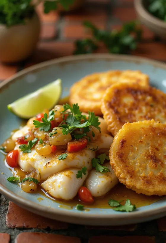 Saltfish desfiado com banana frita e legumes coloridos