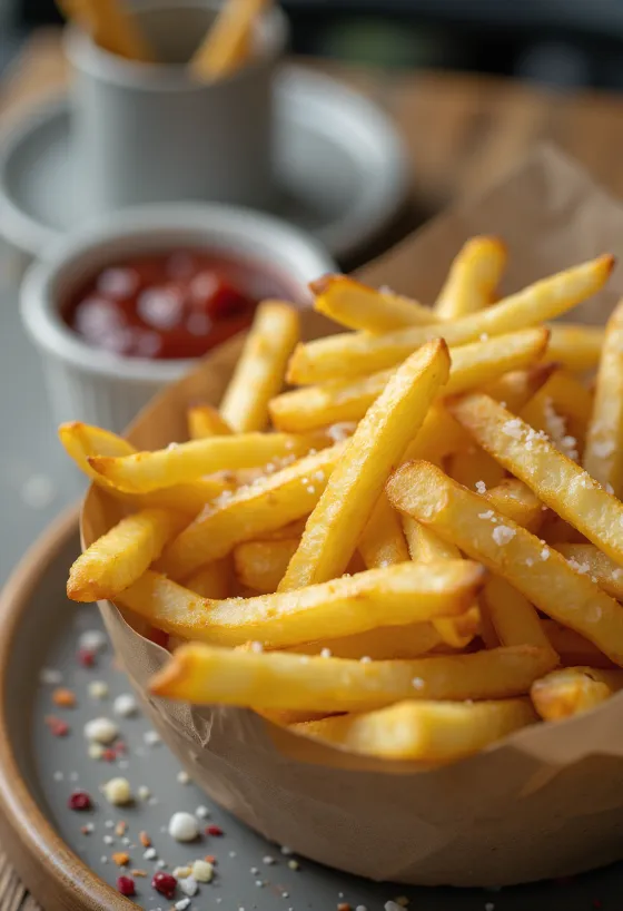 Batata frita dourada, frita até ficar crocante e polvilhada com ervas frescas.
