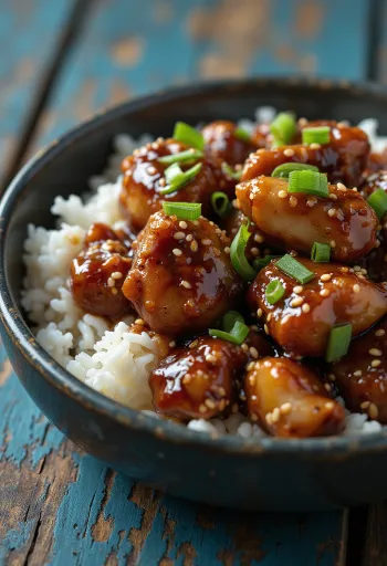 Frango Teriyaki servido com sementes de sésamo e cebolinho