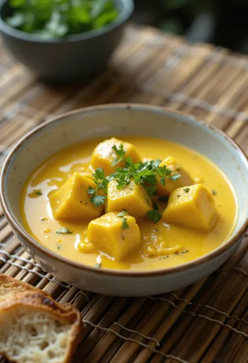 Cà ri com leite de coco caril cremoso com frango, decorado com coentros