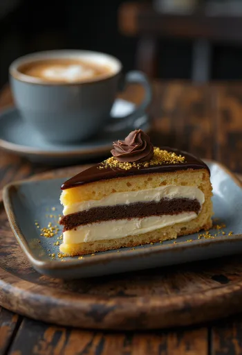 Bolo ópera francês com camadas de ganache de chocolate e sabor a expresso