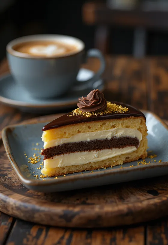 Bolo ópera francês com camadas de ganache de chocolate e sabor a expresso