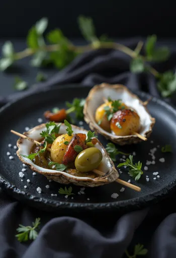 Gilda com ostras fumadas, pimento condimentado e coentros frescos