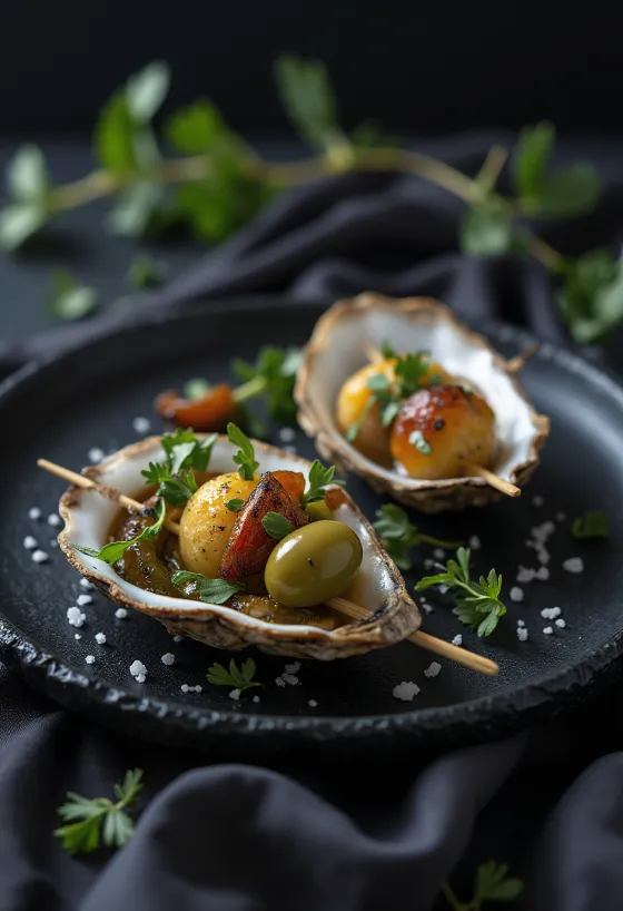 Gilda com ostras fumadas, pimento condimentado e coentros frescos
