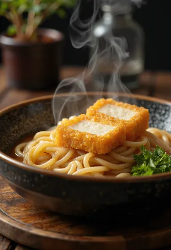 Udon Kitsune, massa udon fria servida com tofu frito, molho à base de soja e cebolinho fresco