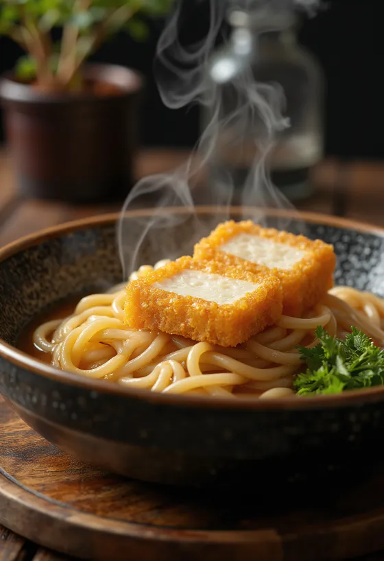 Udon Kitsune, massa udon fria servida com tofu frito, molho à base de soja e cebolinho fresco