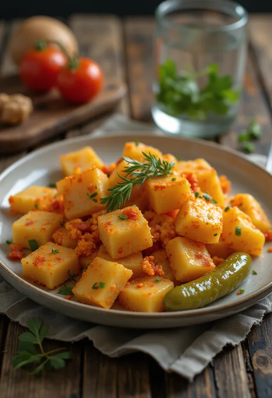 Massa com batata servida com cebola frita e colorau