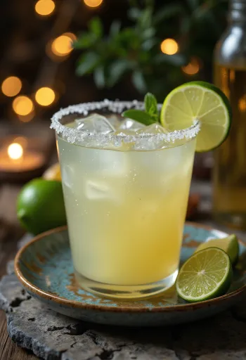Cocktail Margarita decorado com borda de sal e fatia de lima