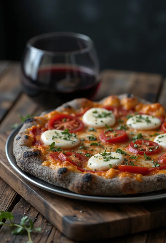 Pizza di Grano Arso com massa escura e queijos italianos