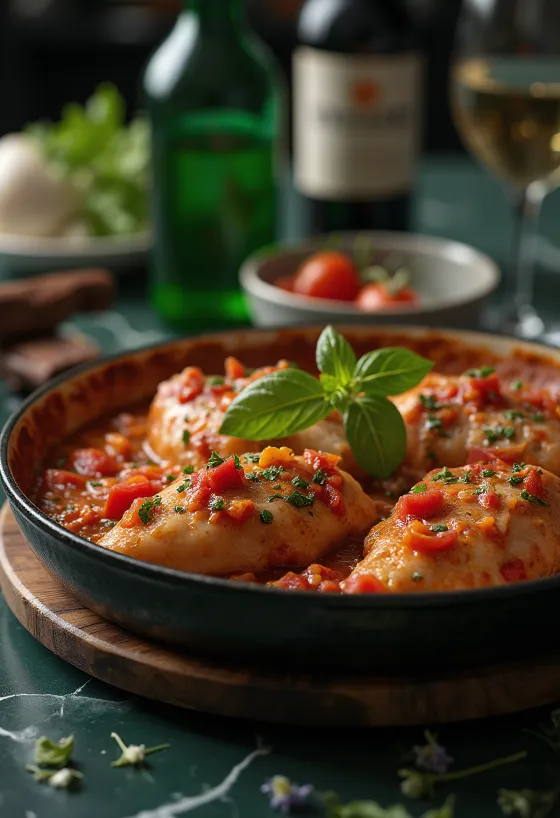 Pollo alla Cacciatora servido com pão fresco