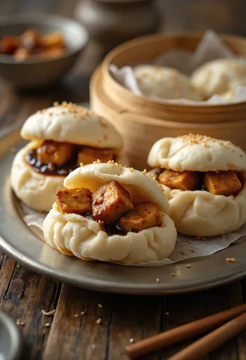 Bao bun com tofu crocante e sésamo servido