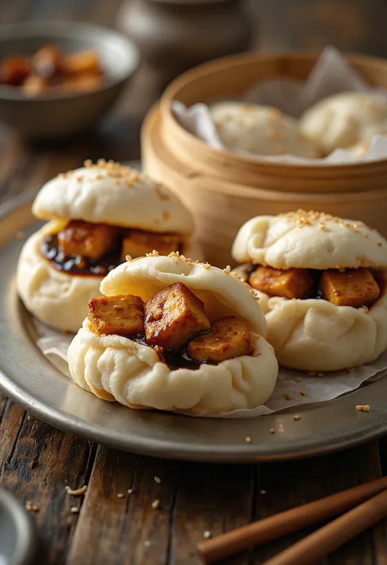 Bao bun com tofu crocante e sésamo servido