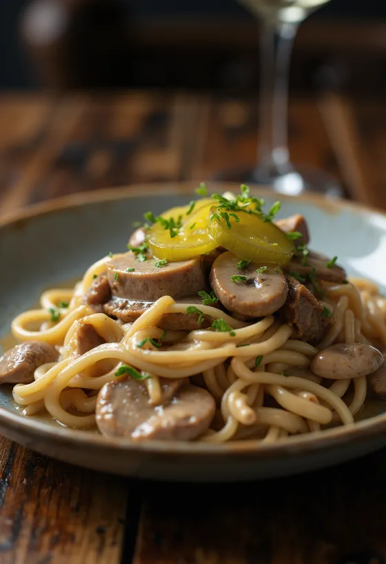 Stroganoff de lombo de vaca servido com molho cremoso