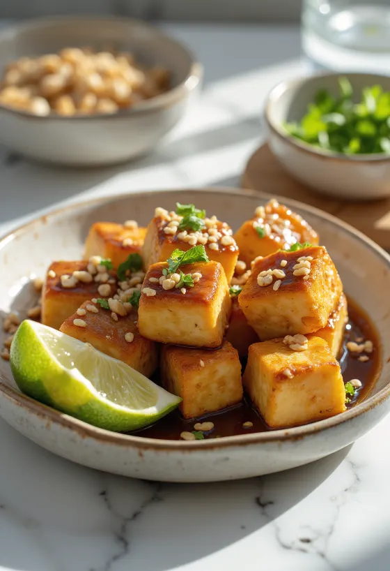 Cubos de tofu com amendoim torrado servidos