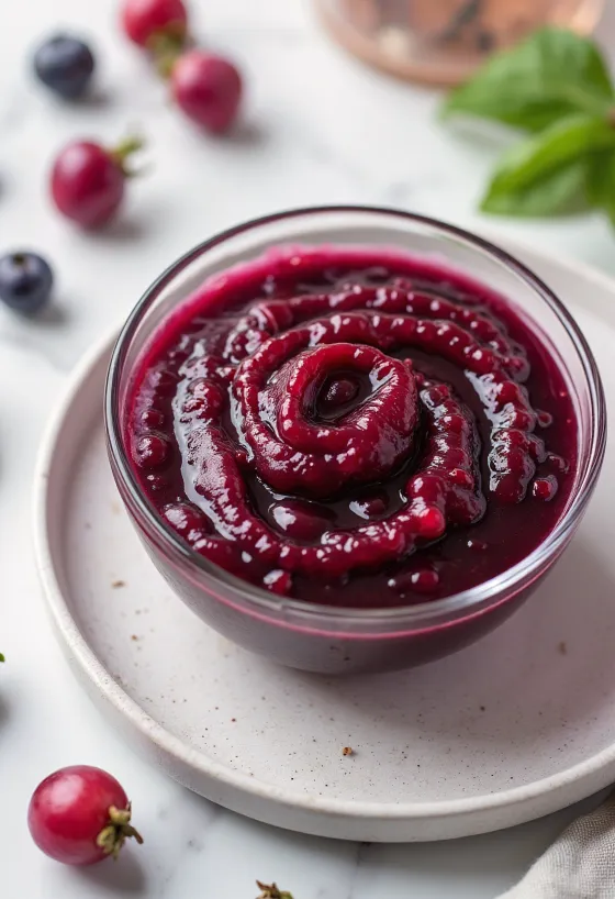 Molho de rosa mosqueta com vinho tinto numa taça, decorado com alecrim fresco