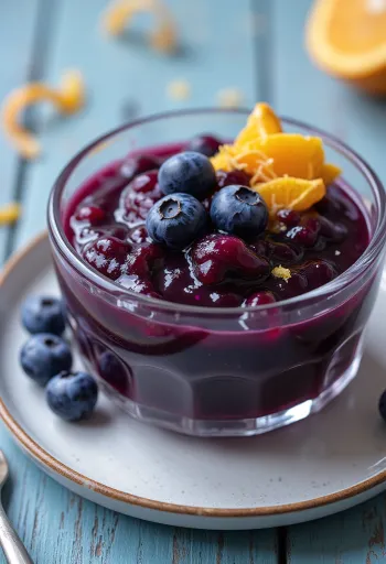 Molho de laranja e mirtilo servido numa taça