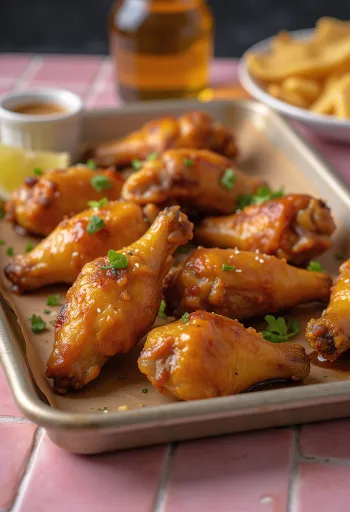 Asas de frango com mel e mostarda assadas douradas, servidas com legumes frescos.