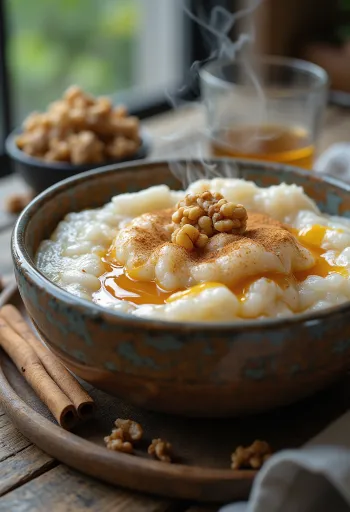 Congee de canela servido em forma de papa de arroz, com decoração de canela e frutas