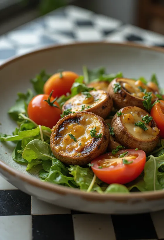 Salada de cogumelos grelhados com legumes frescos