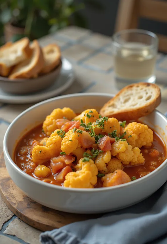 Estufado de couve-flor condimentado em base de tomate suculenta, polvilhado com salsa fresca.