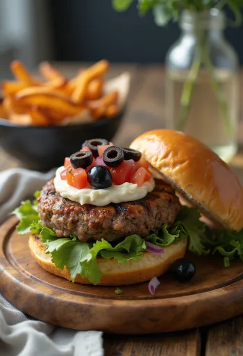 Hambúrguer mediterrânico de azeitona servido com batata doce