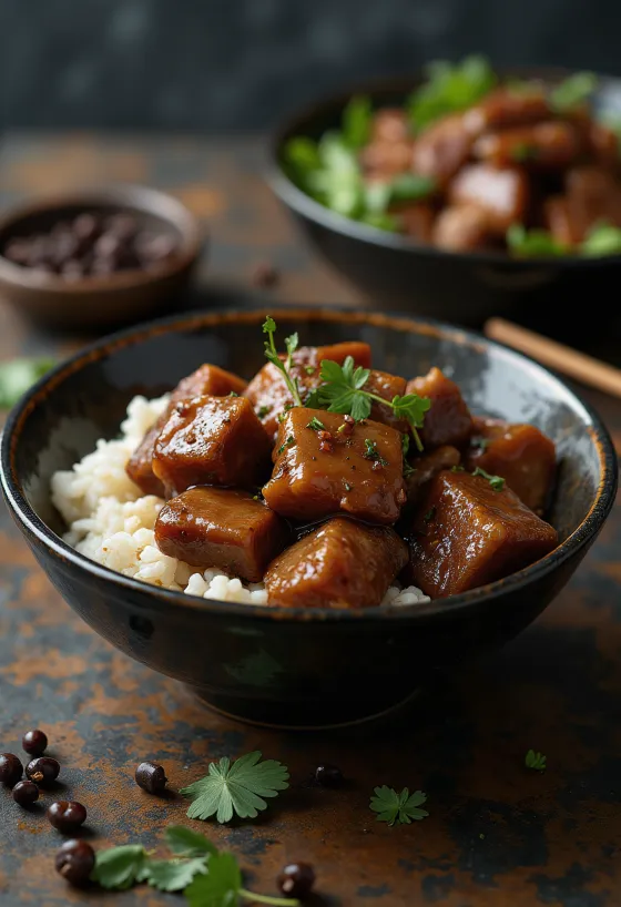 Pork adobo servido com arroz cozido a vapor