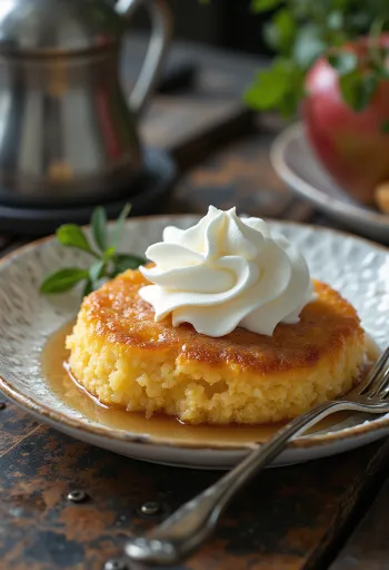 Revani servido com chantilly, fatiado na hora, com chantilly no topo