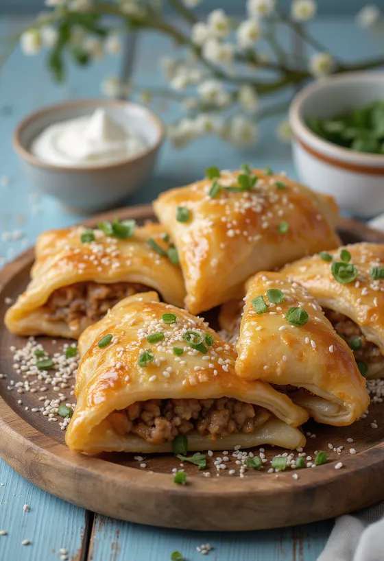 Samsa triangular dourada e folhada num prato