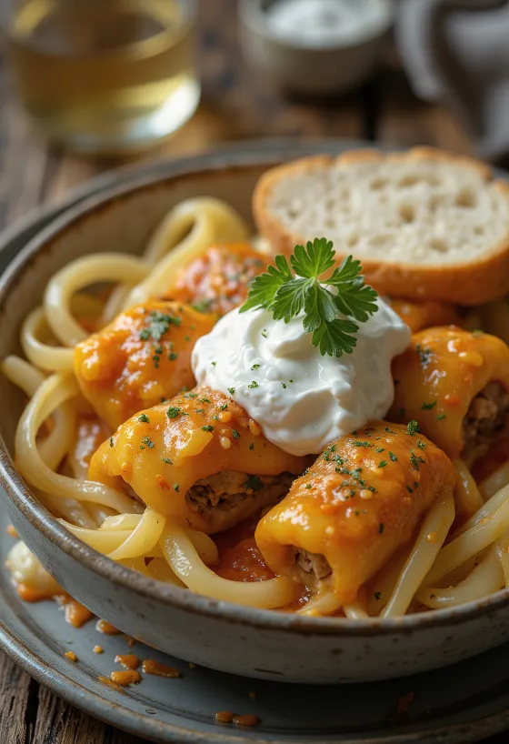 Couve recheada, enrolada em folhas de couve azeda, recheada com carne picada condimentada e arroz, servida em molho de tomate