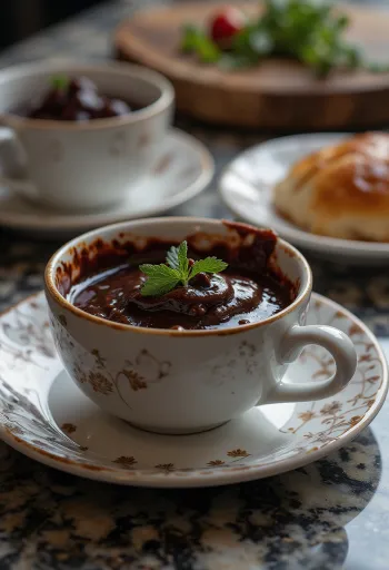 Molho de vinho tinto com chocolate e chili numa taça, decorado com pedaços de chocolate e chili