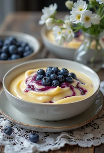 Molho de baunilha com mirtilos servido