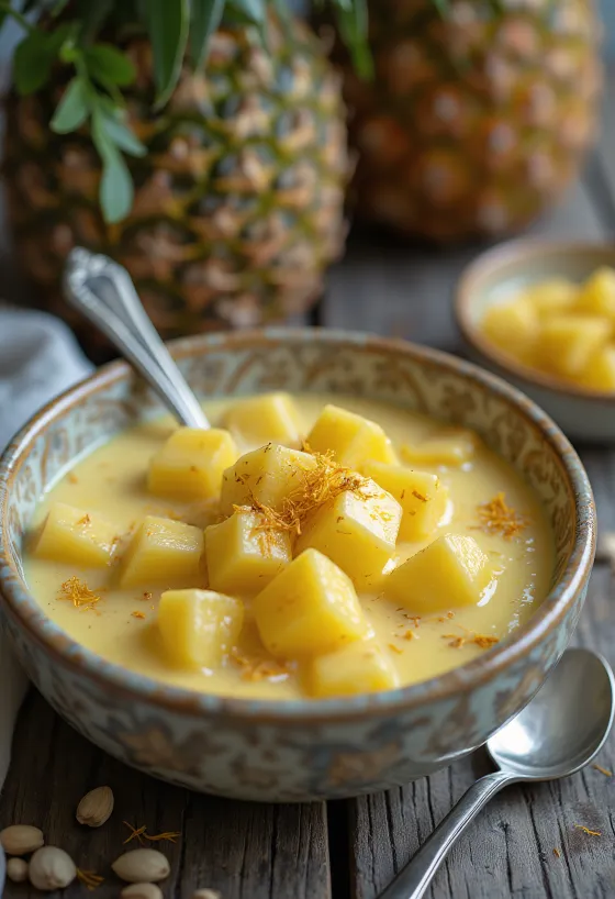 Basundi com ananás, creme de leite rico e pedaços de ananás fresco