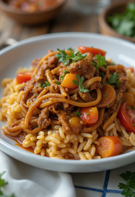 Carne Mechada servida com arepa e arroz