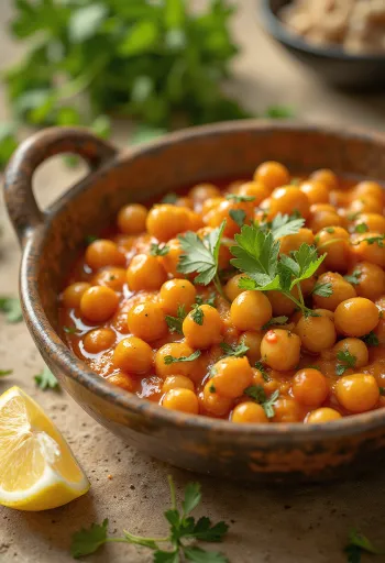 Chana Masala com sumo de limão, um prato picante de grão-de-bico servido com coentros frescos e sumo de limão