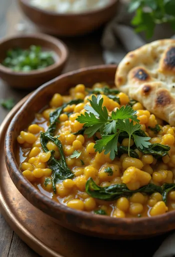 Dal Palak, lentilhas com espinafres, servido com coentros