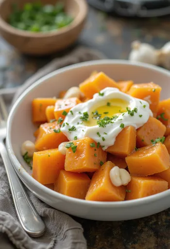Batata-doce cozida com iogurte, servida com salsa fresca e iogurte de alho