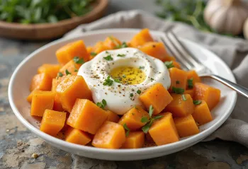 Batata-doce cozida com iogurte, servida com salsa fresca e iogurte de alho