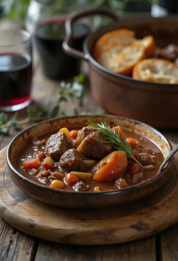 Estufado de vaca com vinho tinto servido