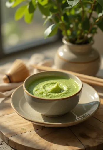 Uma chávena de chá matcha espumoso, decorado com pó de matcha