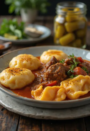 Pörkölt suculento servido com nokedli fresco, como prato tradicional húngaro em prato branco.