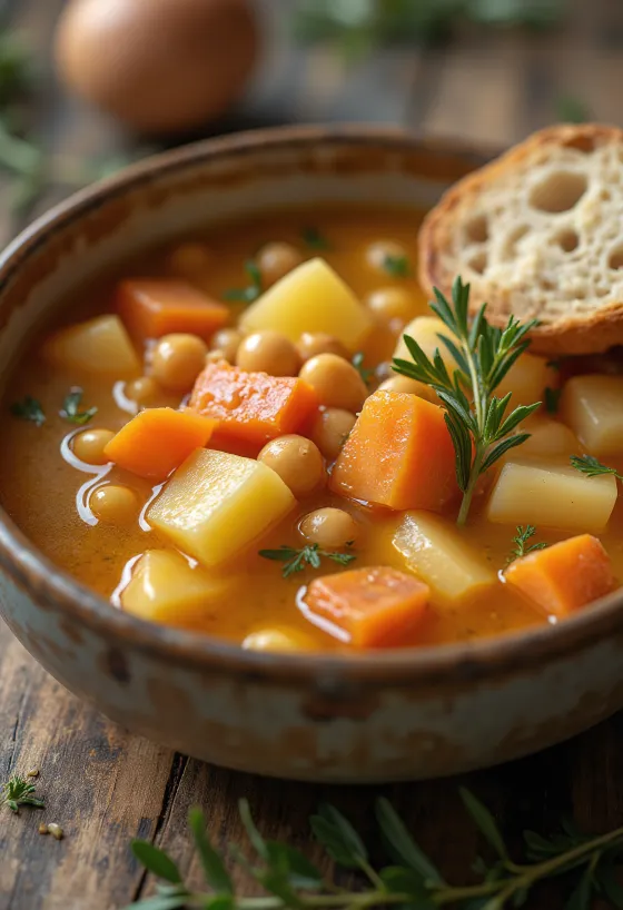 Puchero valenciano servido com legumes de raiz e grão-de-bico com legumes frescos