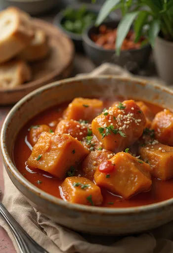Guisado de Seitan servido com pão fresco, especiarias ricas e legumes